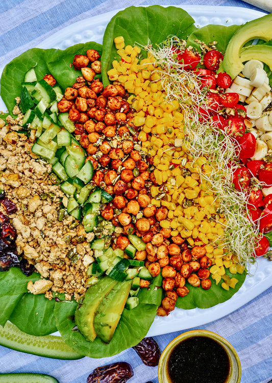 Crumbled Tofu and Smoky Chickpea Chopped Salad with Date Vinaigrette