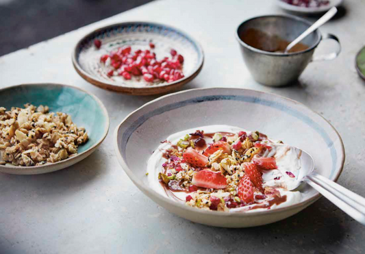 Fruit and yogurt with sesame oat crumble and tahini-date syrup